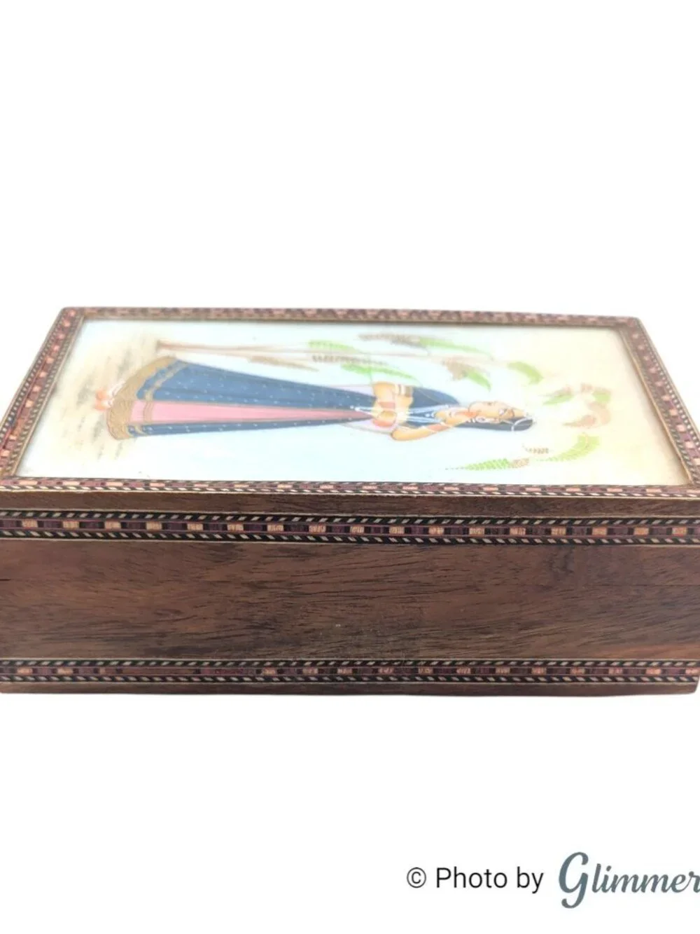 Vintage Indian Inlay Rajasthani Art Blue Lined Glass Lid Wood Jewelry Box